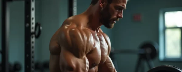 Athlète musclé en plein effort explosif, sueur brillante, expression de concentration intense, lumière cinématographique dramatique