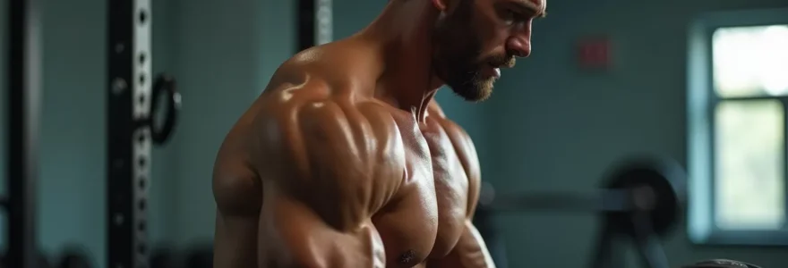 Athlète musclé en plein effort explosif, sueur brillante, expression de concentration intense, lumière cinématographique dramatique