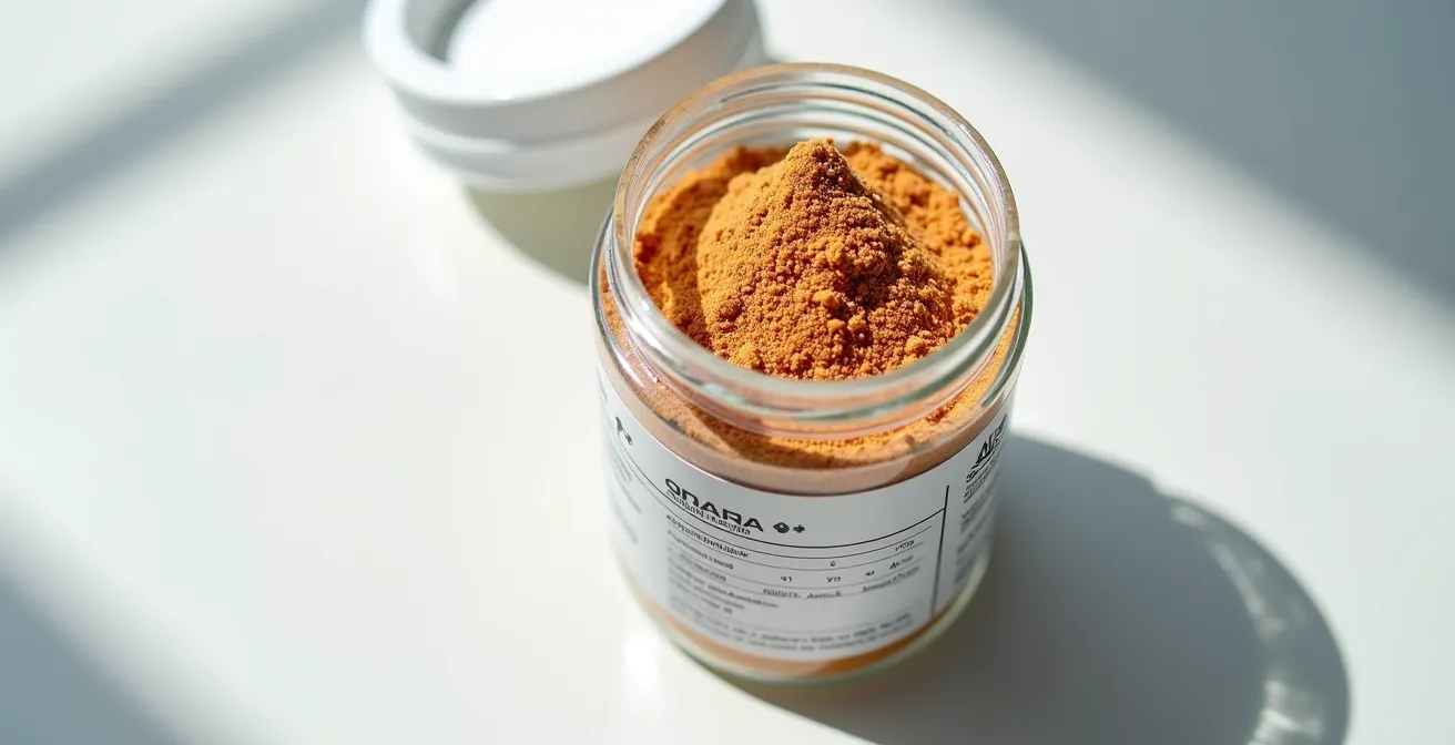 Pot de poudre pré-entraînement avec formule transparente affichée, ingrédients visibles et dosages clairement étiquetés, design minimaliste et professionnel