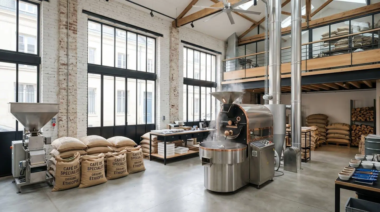 Intérieur d'un atelier de torréfaction artisanal contemporain avec un torréfacteur à tambour au centre, sacs de café en toile de jute visibles, grandes fenêtres industrielles laissant entrer la lumière naturelle