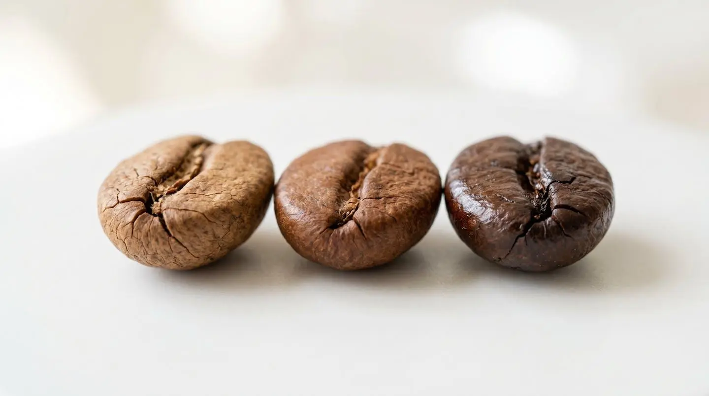 Gros plan sur trois grains de café présentant des niveaux de torréfaction distincts, du clair au foncé, disposés côte à côte sur une surface blanche avec un éclairage naturel mettant en valeur leurs textures
